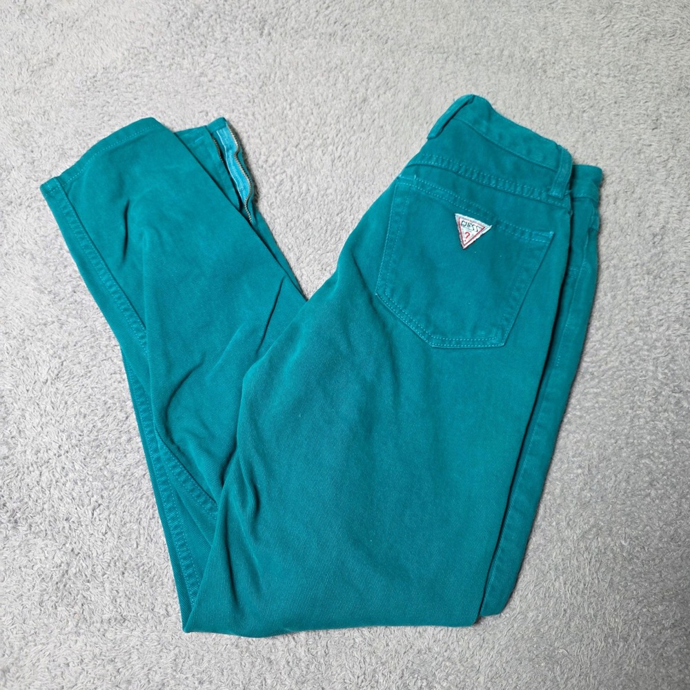 Guess Womens 27 Jeans Teal Green High Rise Tapered Ankle Zip Vintage USA 43015A